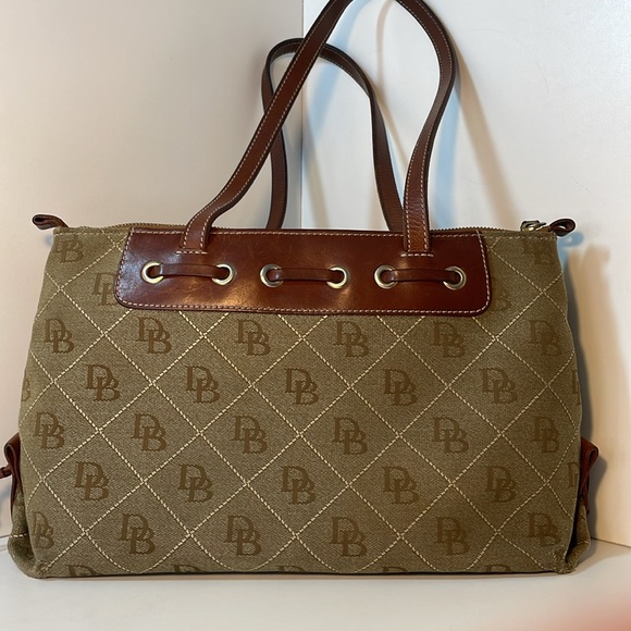 Vintage Dooney & Bourke Brown Leather & Tan Canvas Signature Logo Shoulder Bag - Picture 2 of 14